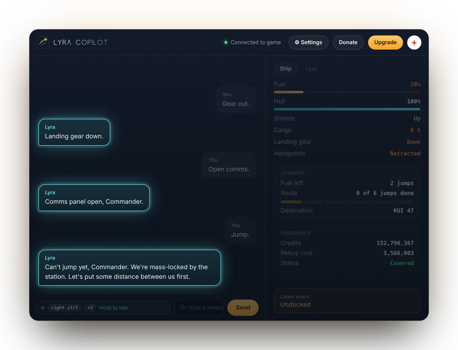 Lyra lowering the landing gear, opening the comms panel, and explaining that the ship can't jump while mass-locked.