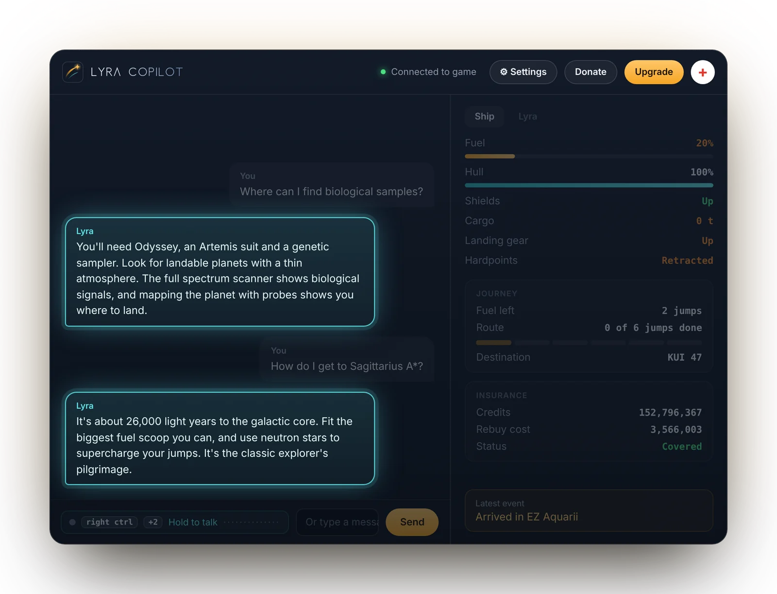 Lyra explaining how to find biological samples and how to travel to Sagittarius A*.