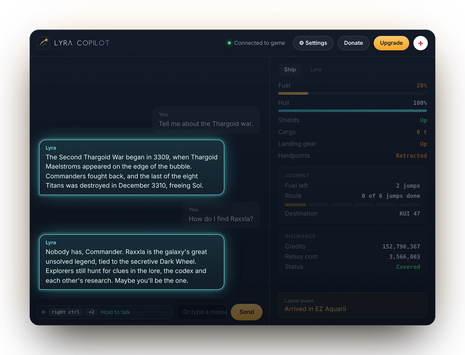 Lyra summarising the Second Thargoid War and explaining the legend of Raxxla.